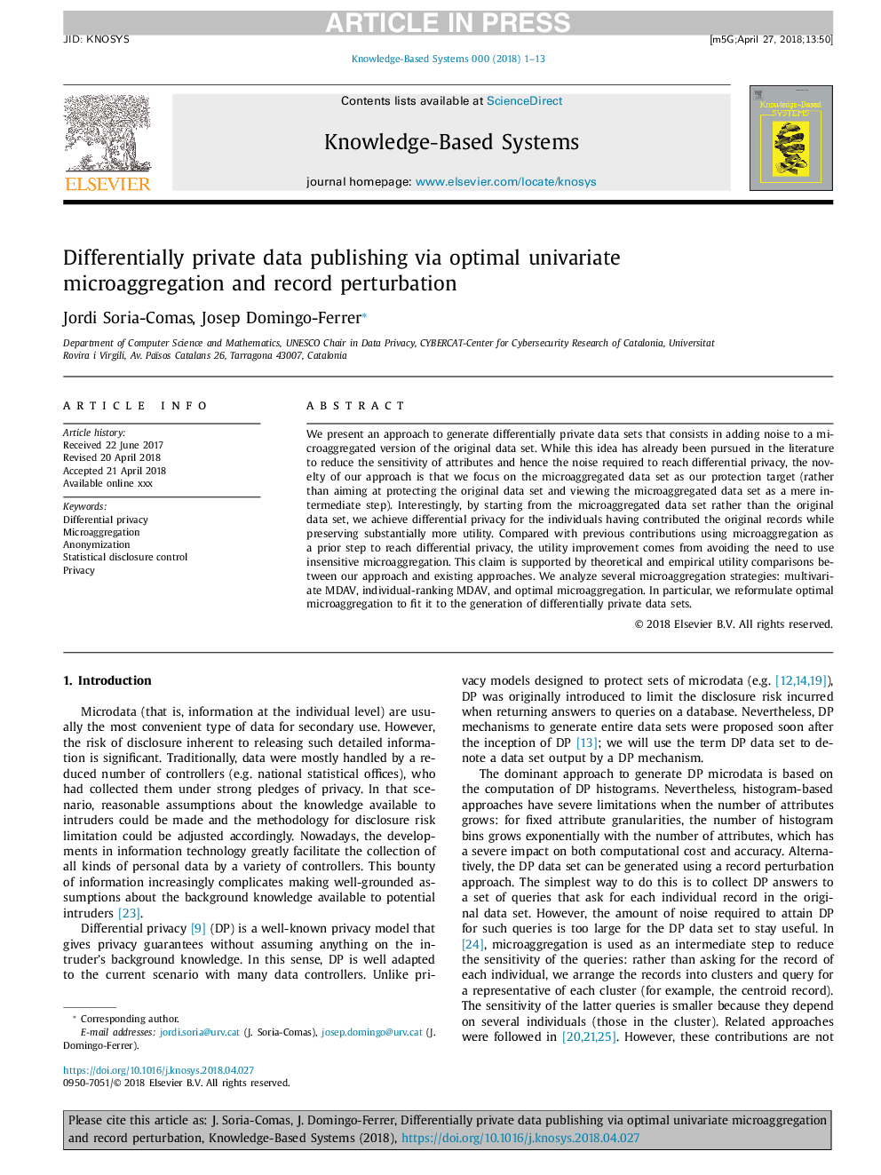 Differentially private data publishing via optimal univariate microaggregation and record perturbation