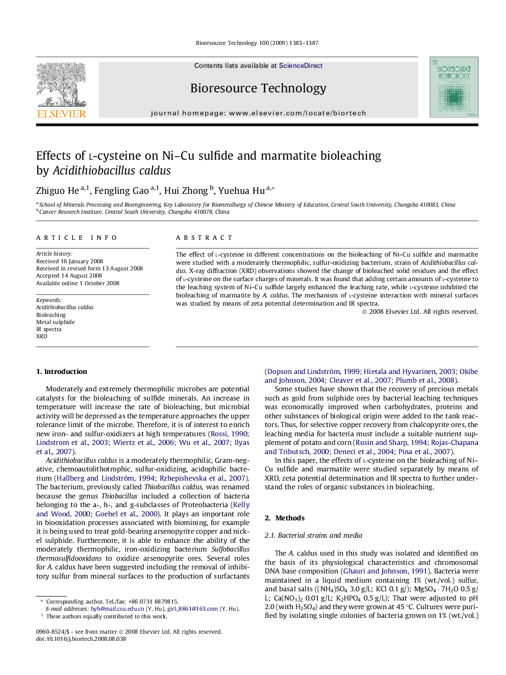 Effects of l-cysteine on Ni-Cu sulfide and marmatite bioleaching by Acidithiobacillus caldus