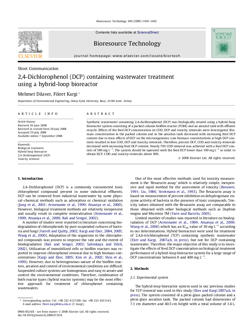 2,4-Dichlorophenol (DCP) containing wastewater treatment using a hybrid-loop bioreactor