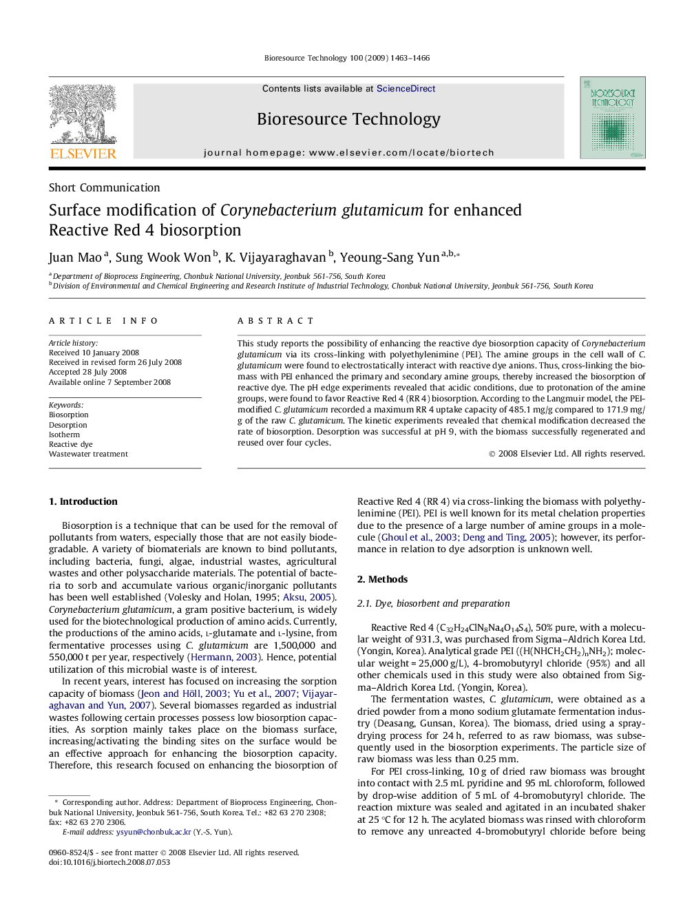 Surface modification of Corynebacterium glutamicum for enhanced Reactive Red 4 biosorption