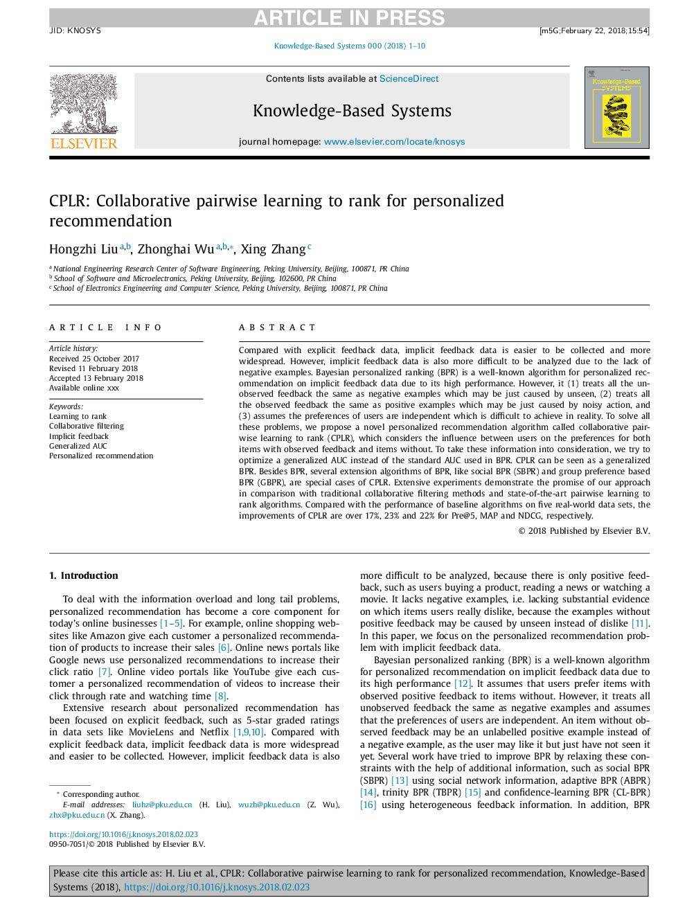 عکس صفحه اول مقاله: CPLR: Collaborative pairwise learning to rank for personalized recommendation CPLR: Collaborative pairwise learning to rank for personalized recommendation