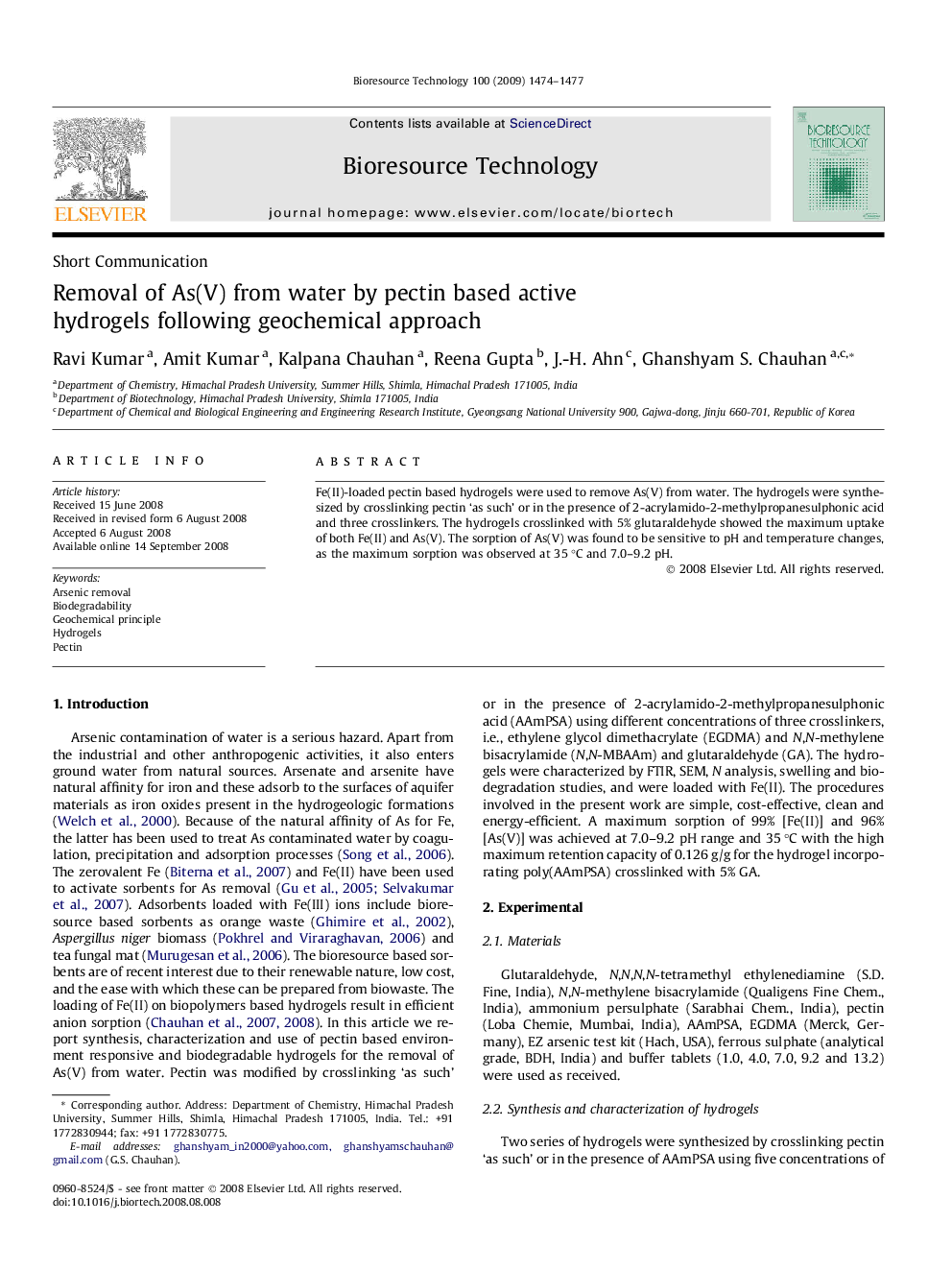 عکس صفحه اول مقاله: Removal of As(V) from water by pectin based active hydrogels following geochemical approach Removal of As(V) from water by pectin based active hydrogels following geochemical approach