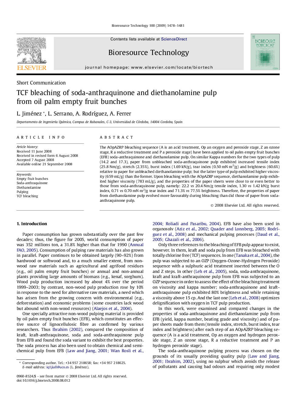 TCF bleaching of soda-anthraquinone and diethanolamine pulp from oil palm empty fruit bunches