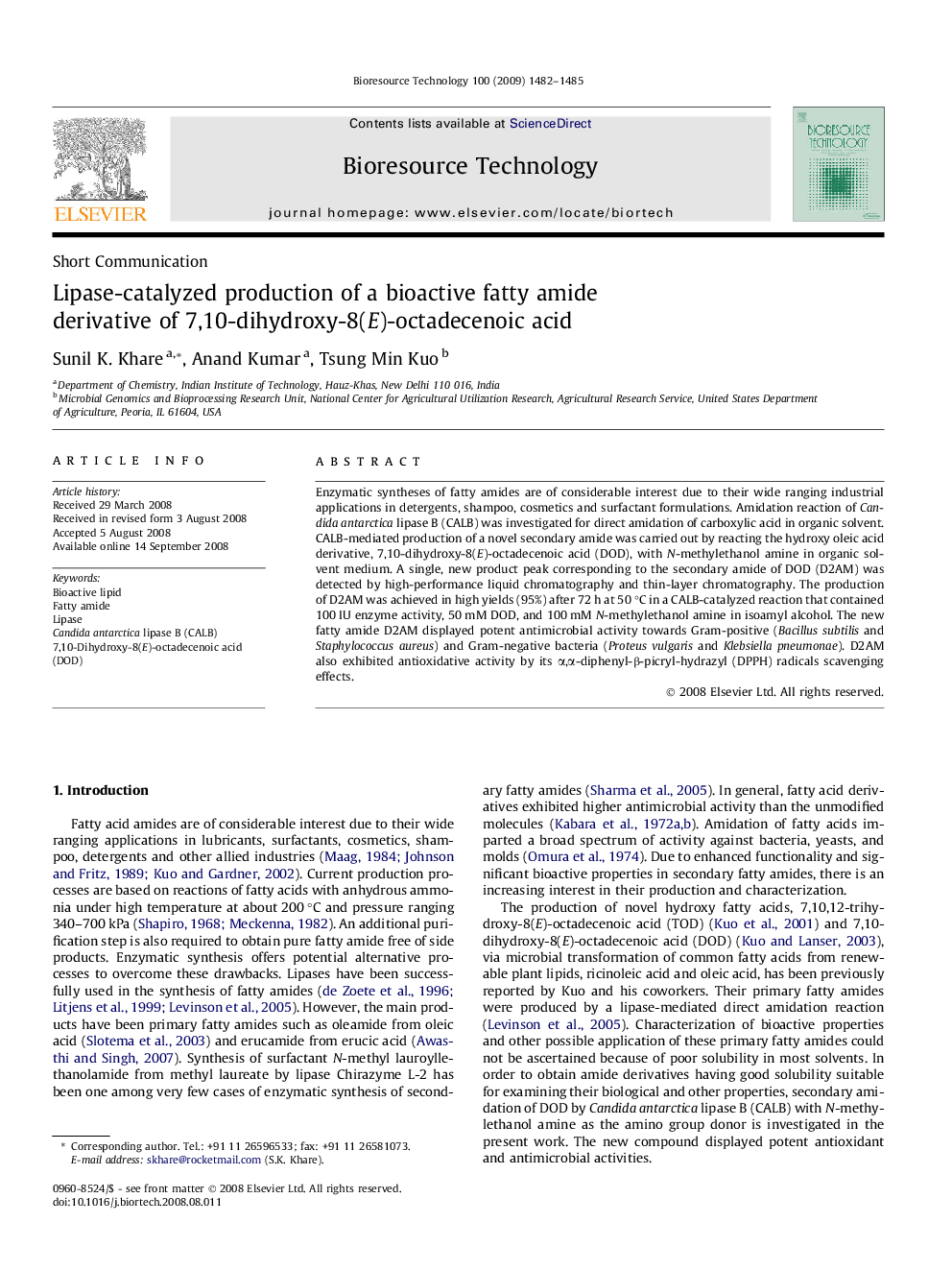 عکس صفحه اول مقاله: Lipase-catalyzed production of a bioactive fatty amide derivative of 7,10-dihydroxy-8(E)-octadecenoic acid Lipase-catalyzed production of a bioactive fatty amide derivative of 7,10-dihydroxy-8(E)-octadecenoic acid