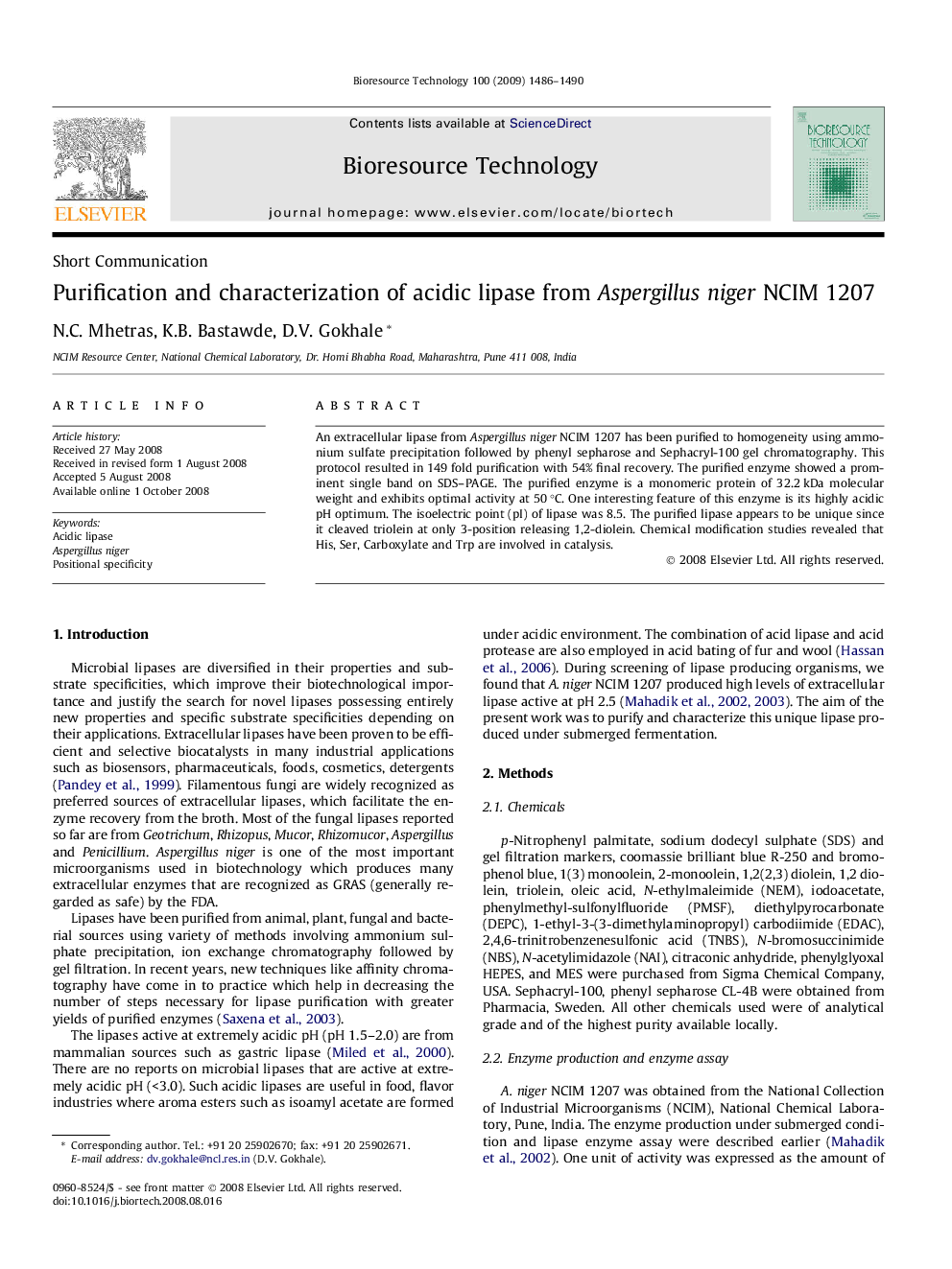 Purification and characterization of acidic lipase from Aspergillus niger NCIM 1207