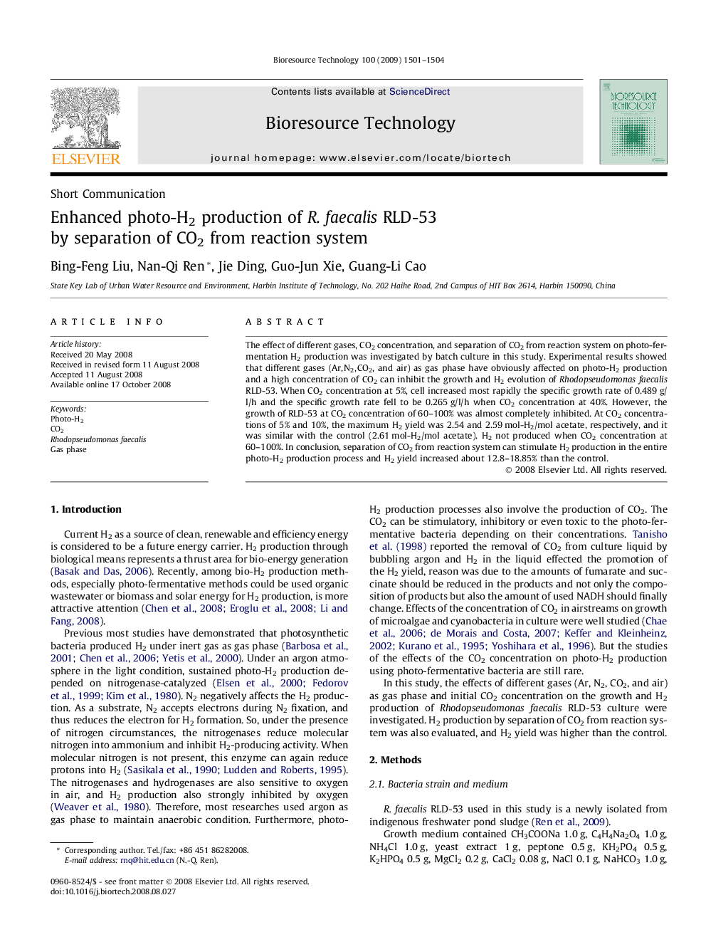 عکس صفحه اول مقاله: Enhanced photo-H2 production of R. faecalis RLD-53 by separation of CO2 from reaction system Enhanced photo-H2 production of R. faecalis RLD-53 by separation of CO2 from reaction system