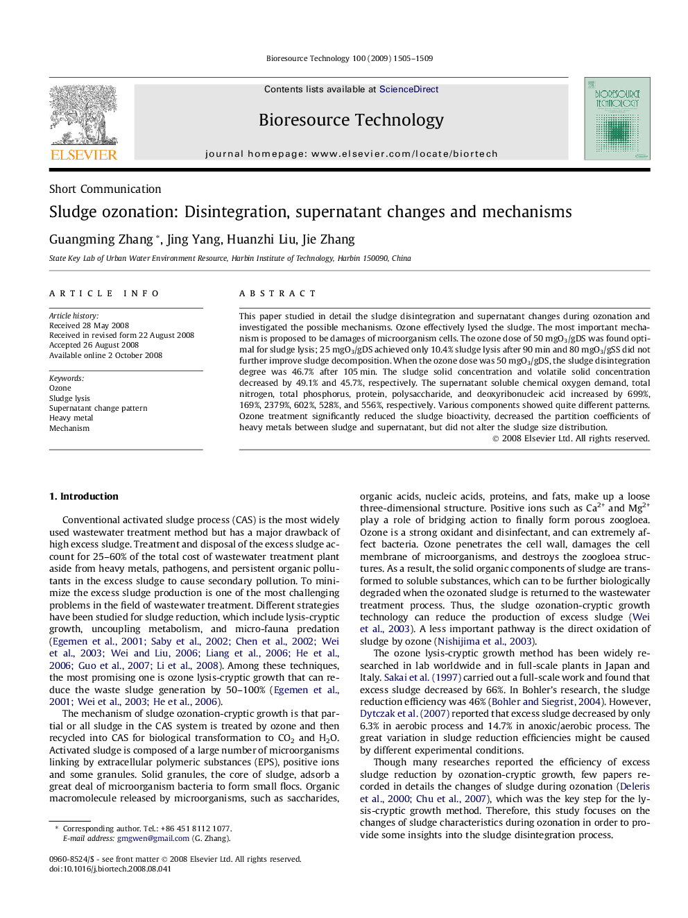 Sludge ozonation: Disintegration, supernatant changes and mechanisms