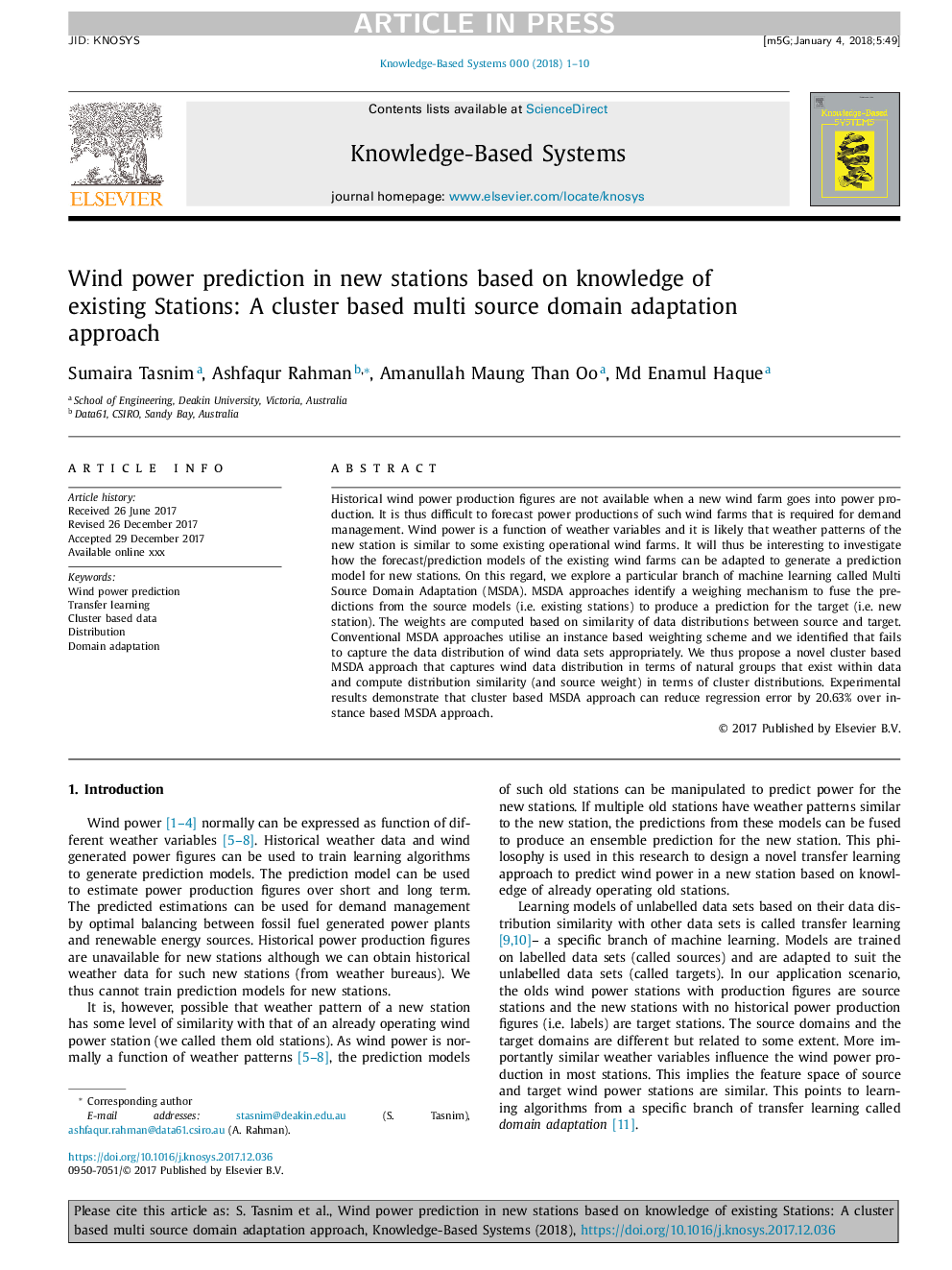 Wind power prediction in new stations based on knowledge of existing Stations: A cluster based multi source domain adaptation approach