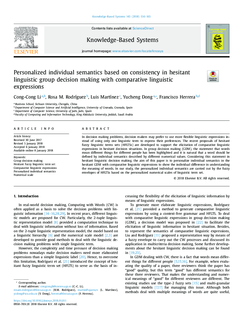 Personalized individual semantics based on consistency in hesitant linguistic group decision making with comparative linguistic expressions