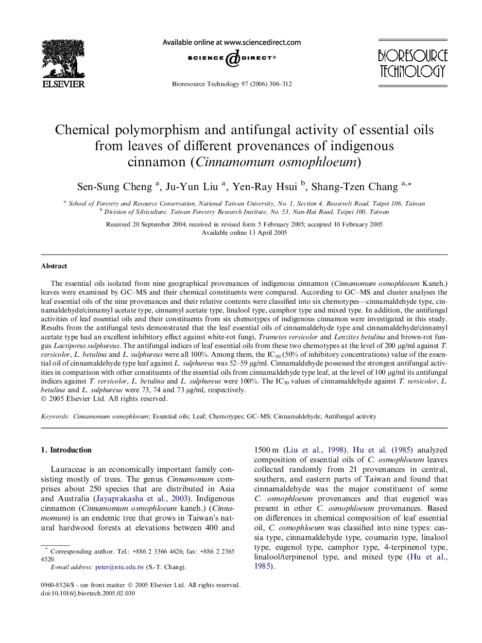 Chemical polymorphism and antifungal activity of essential oils from leaves of different provenances of indigenous cinnamon (Cinnamomum osmophloeum)