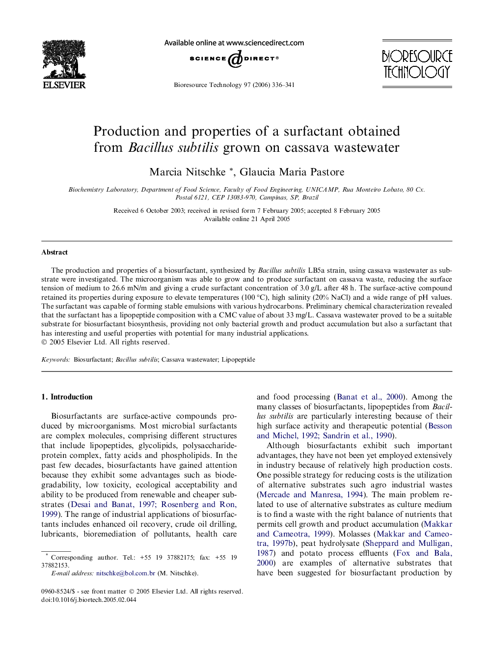 Production and properties of a surfactant obtained from Bacillus subtilis grown on cassava wastewater