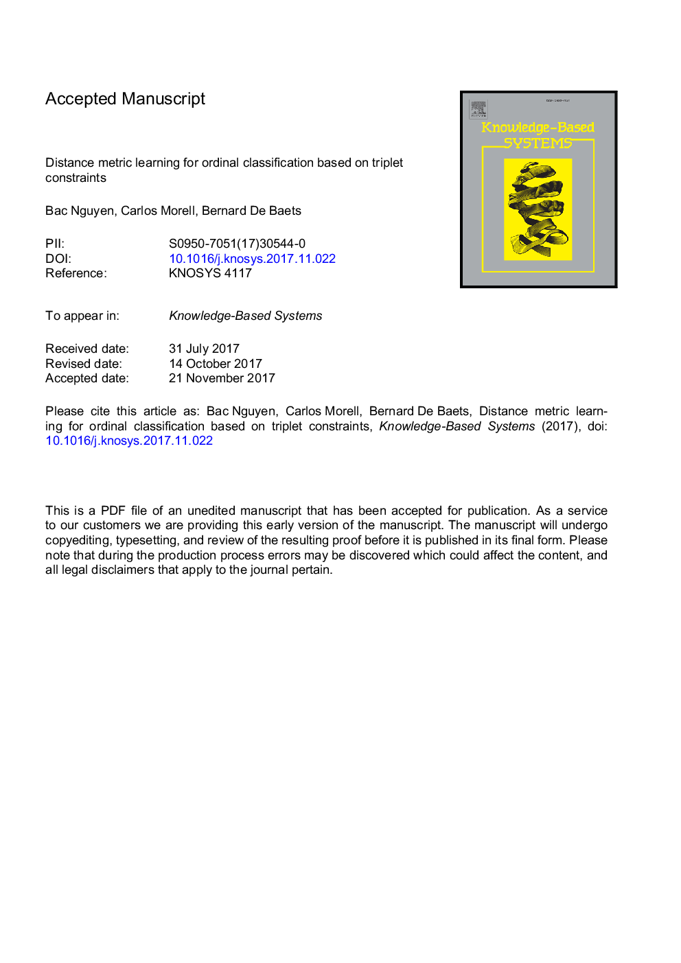 Distance metric learning for ordinal classification based on triplet constraints