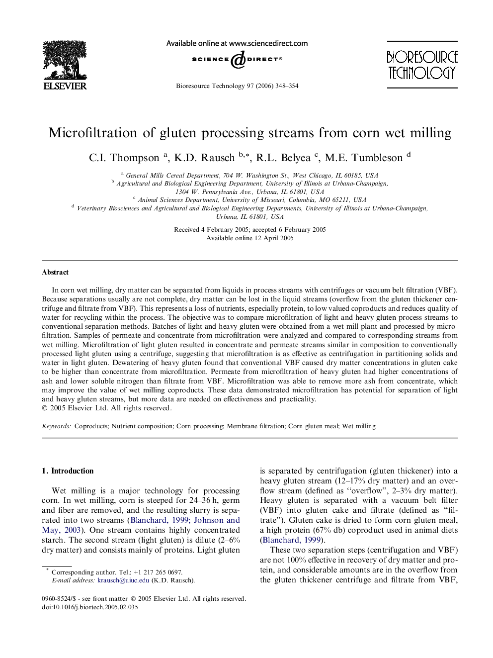 Microfiltration of gluten processing streams from corn wet milling