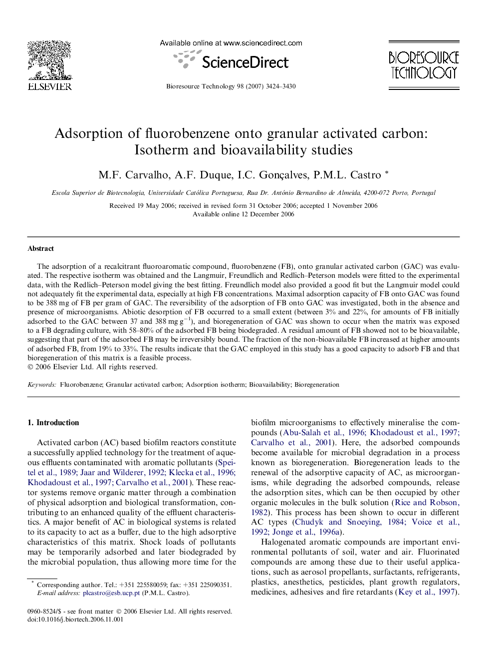 Adsorption of fluorobenzene onto granular activated carbon: Isotherm and bioavailability studies