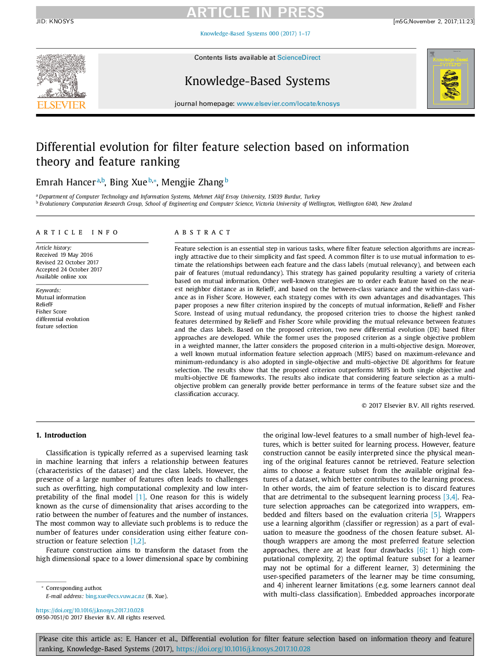 Differential evolution for filter feature selection based on information theory and feature ranking