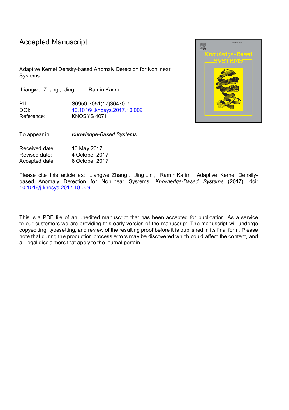 Adaptive kernel density-based anomaly detection for nonlinear systems