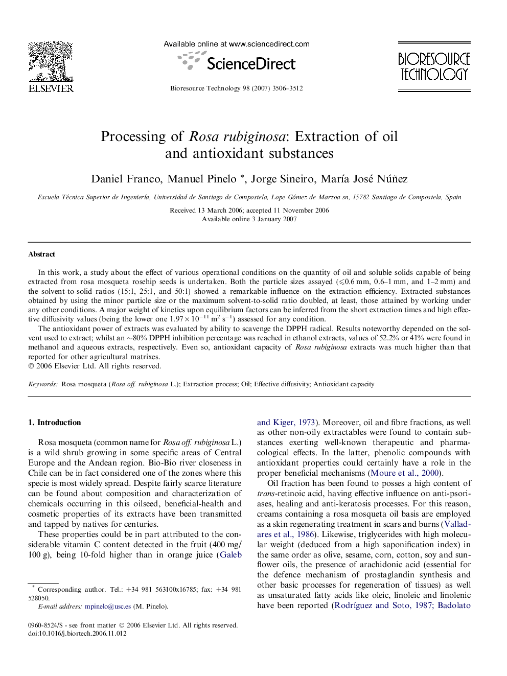 Processing of Rosa rubiginosa: Extraction of oil and antioxidant substances