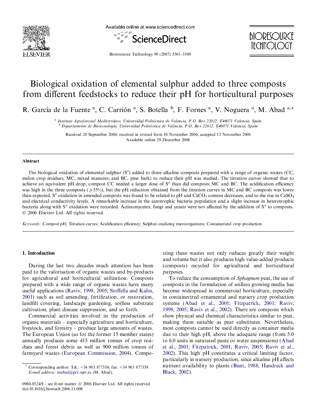 Biological oxidation of elemental sulphur added to three composts from different feedstocks to reduce their pH for horticultural purposes