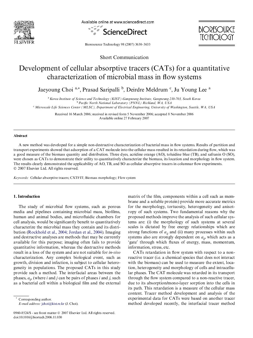 Development of cellular absorptive tracers (CATs) for a quantitative characterization of microbial mass in flow systems