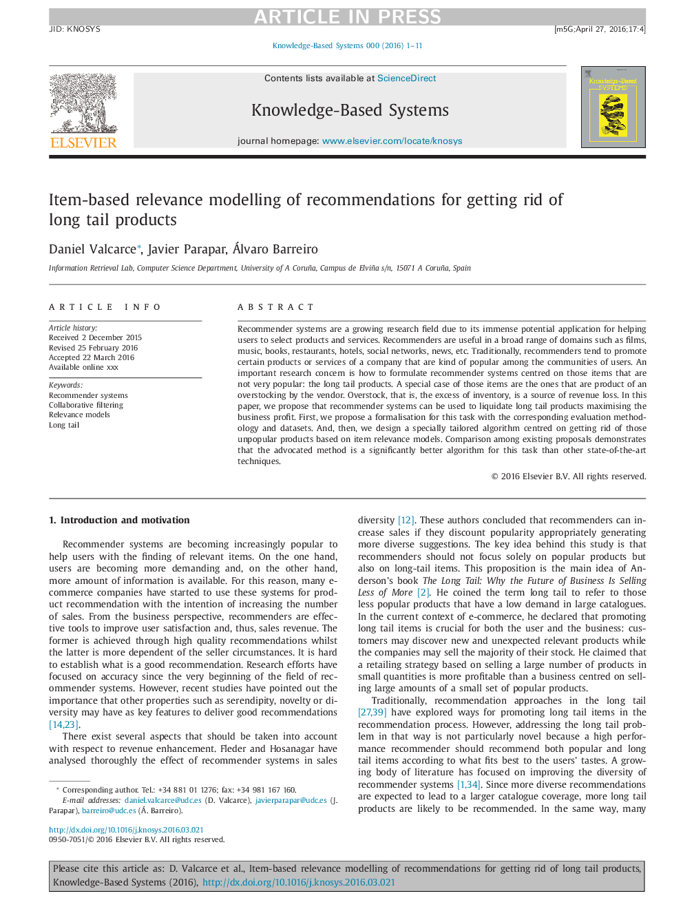 Item-based relevance modelling of recommendations for getting rid of long tail products