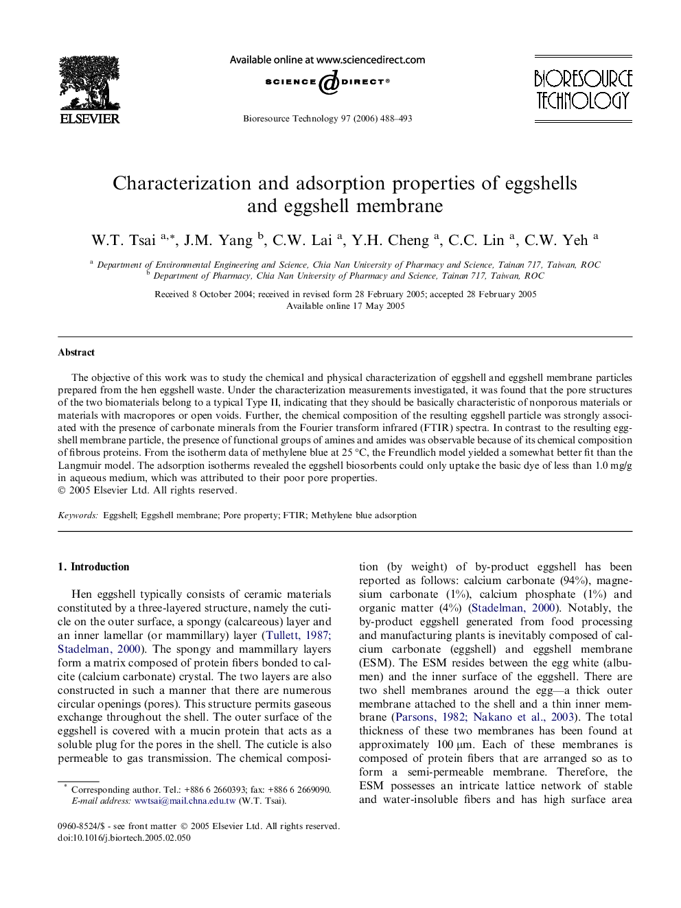 Characterization and adsorption properties of eggshells and eggshell membrane