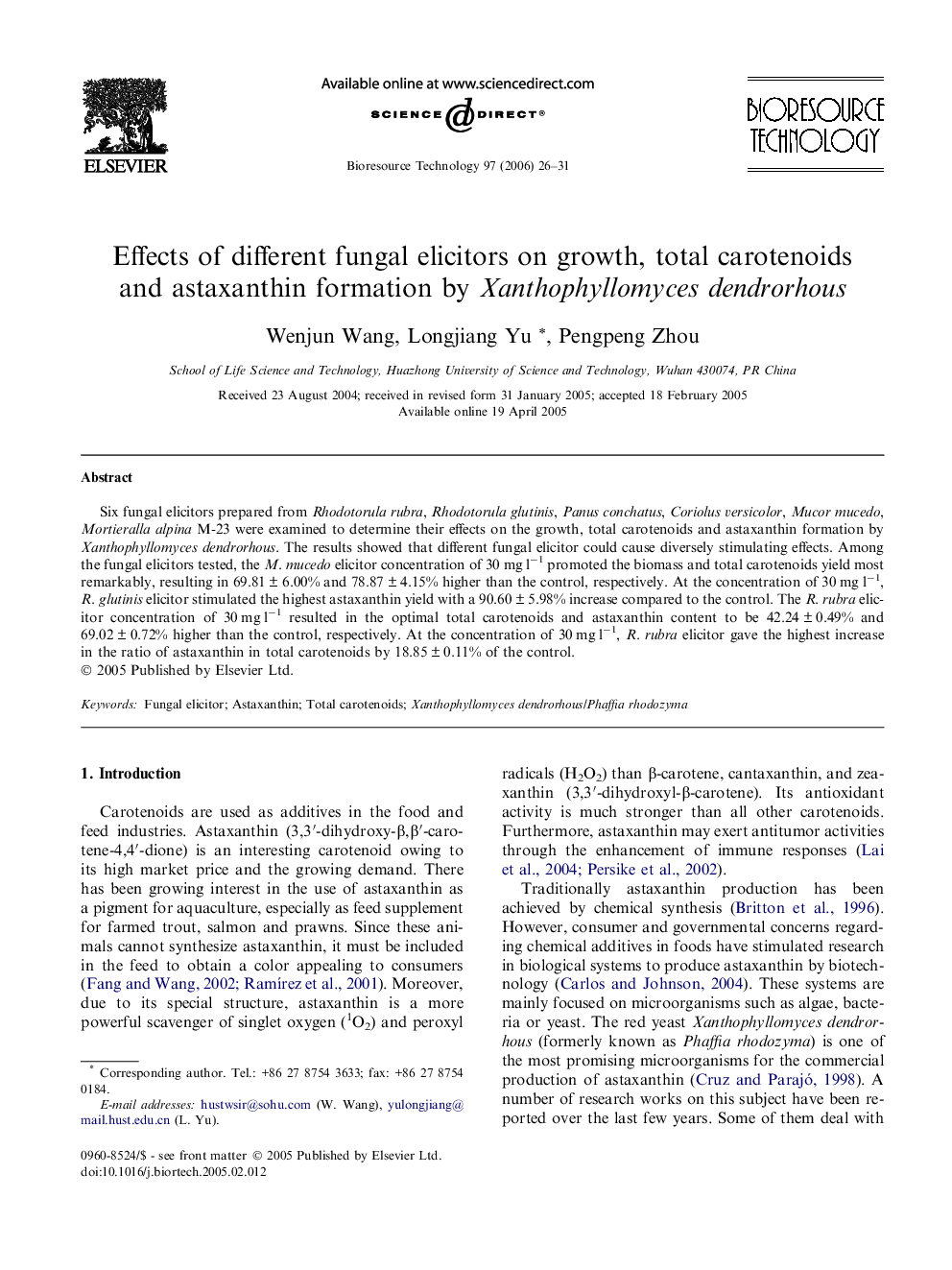 Effects of different fungal elicitors on growth, total carotenoids and astaxanthin formation by Xanthophyllomyces dendrorhous