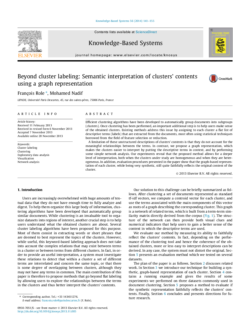 Beyond cluster labeling: Semantic interpretation of clusters' contents using a graph representation