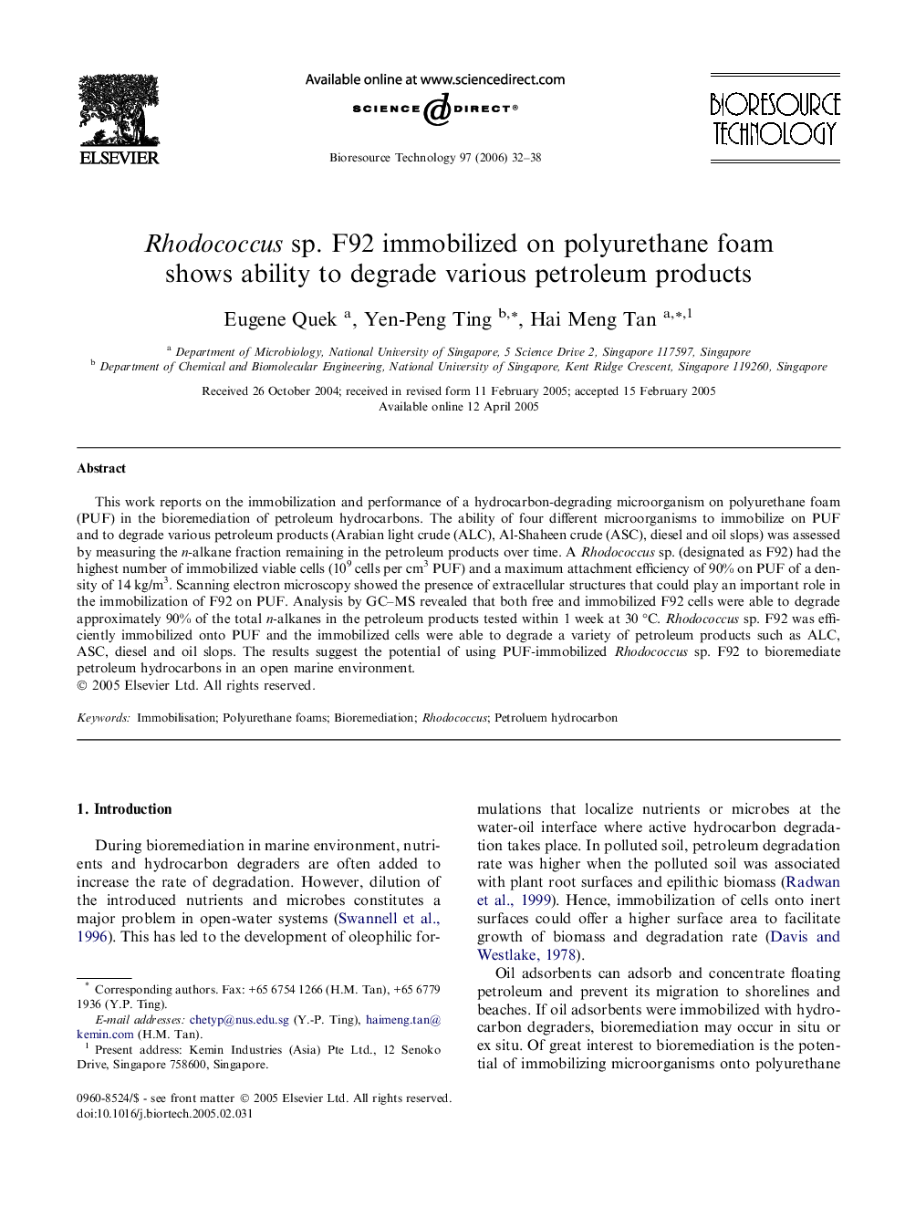 Rhodococcus sp. F92 immobilized on polyurethane foam shows ability to degrade various petroleum products