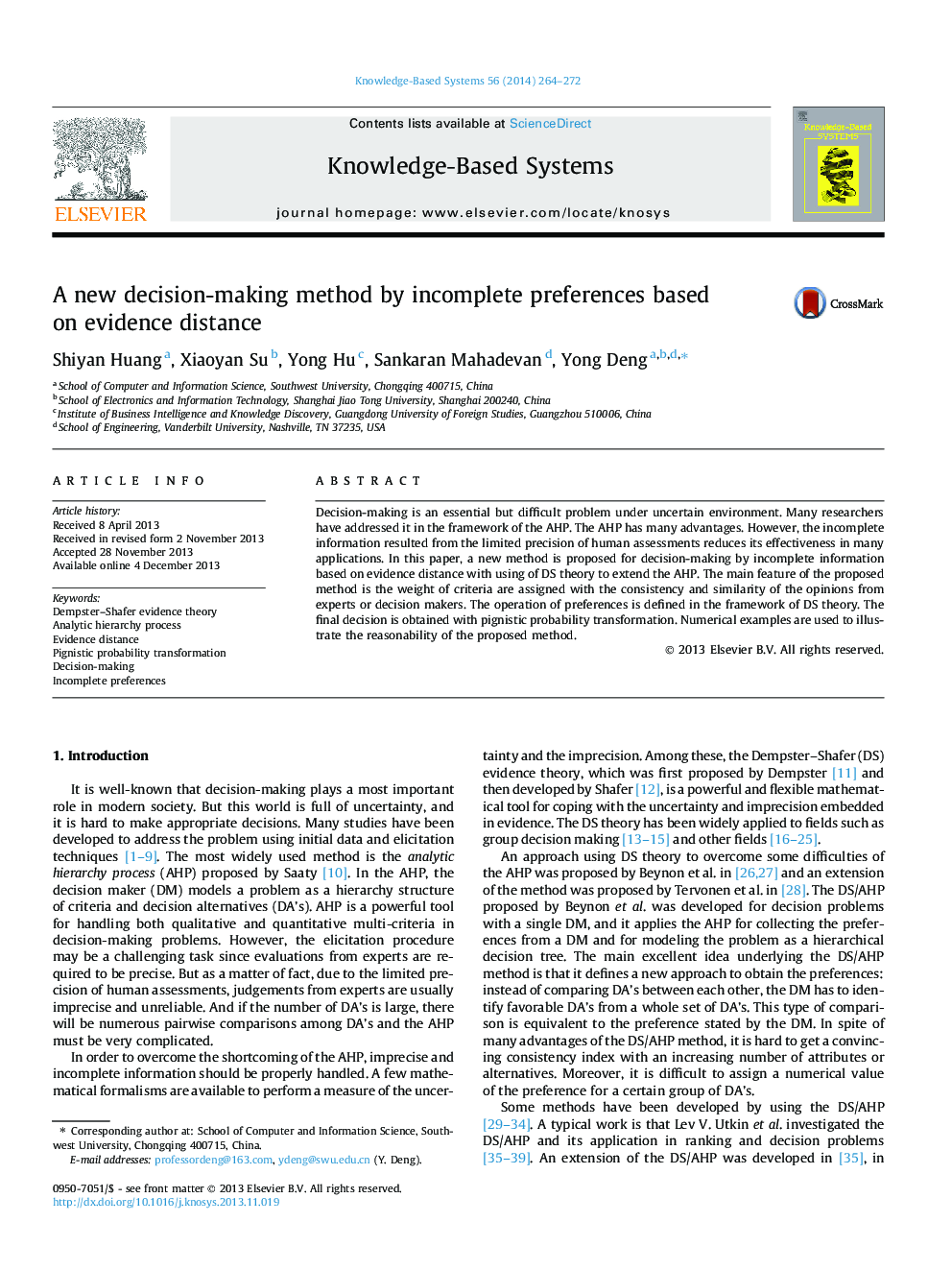 A new decision-making method by incomplete preferences based on evidence distance