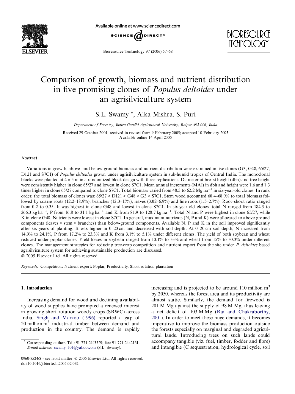 Comparison of growth, biomass and nutrient distribution in five promising clones of Populus deltoides under an agrisilviculture system