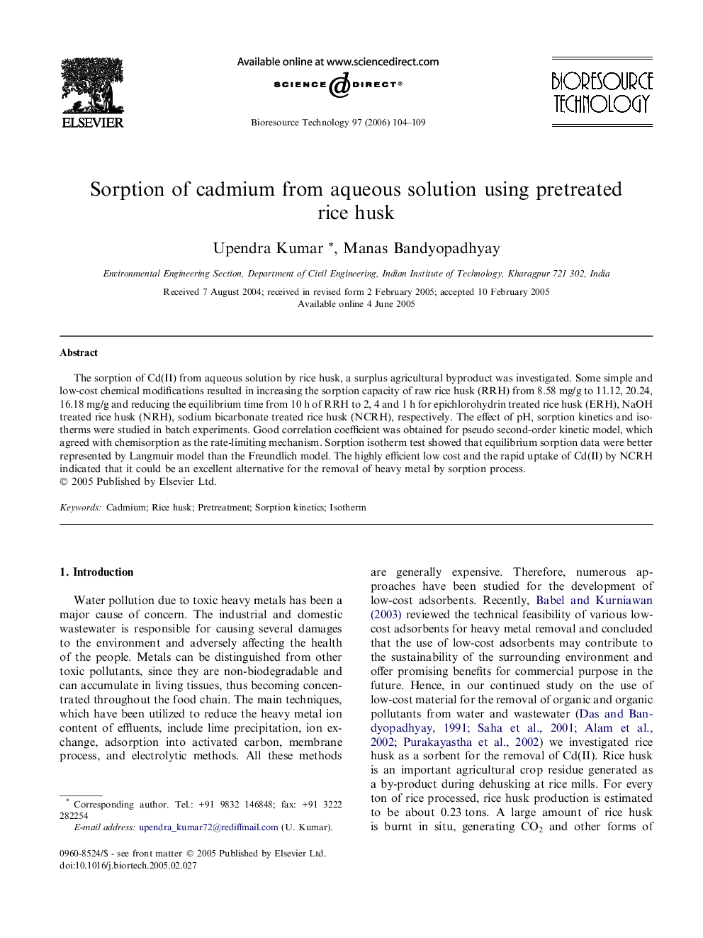 Sorption of cadmium from aqueous solution using pretreated rice husk