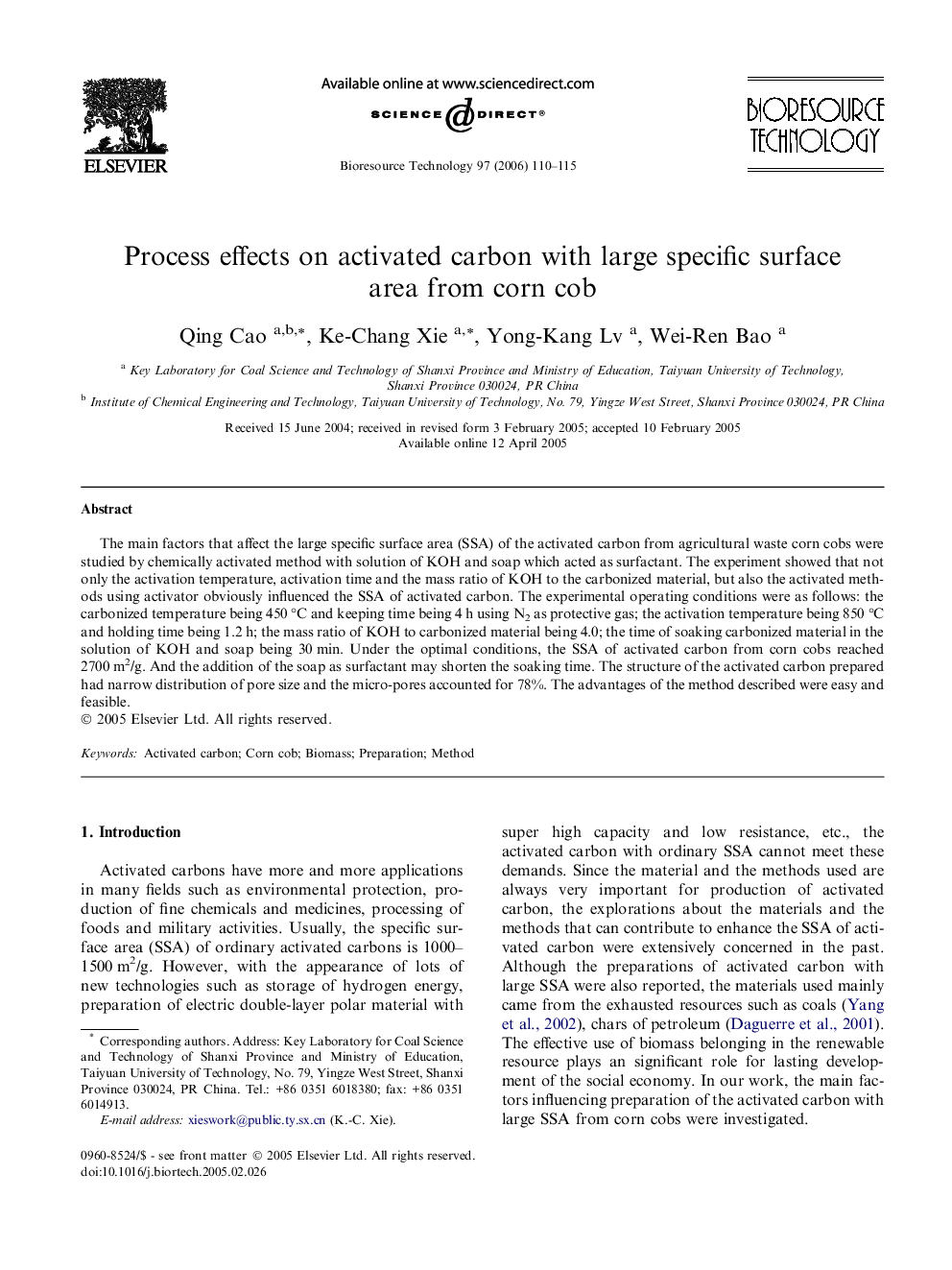 Process effects on activated carbon with large specific surface area from corn cob