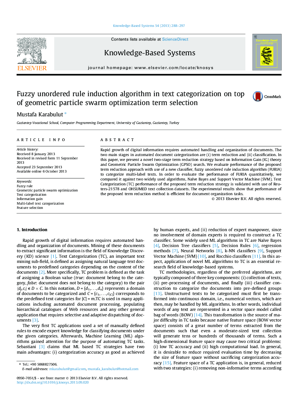 Fuzzy unordered rule induction algorithm in text categorization on top of geometric particle swarm optimization term selection