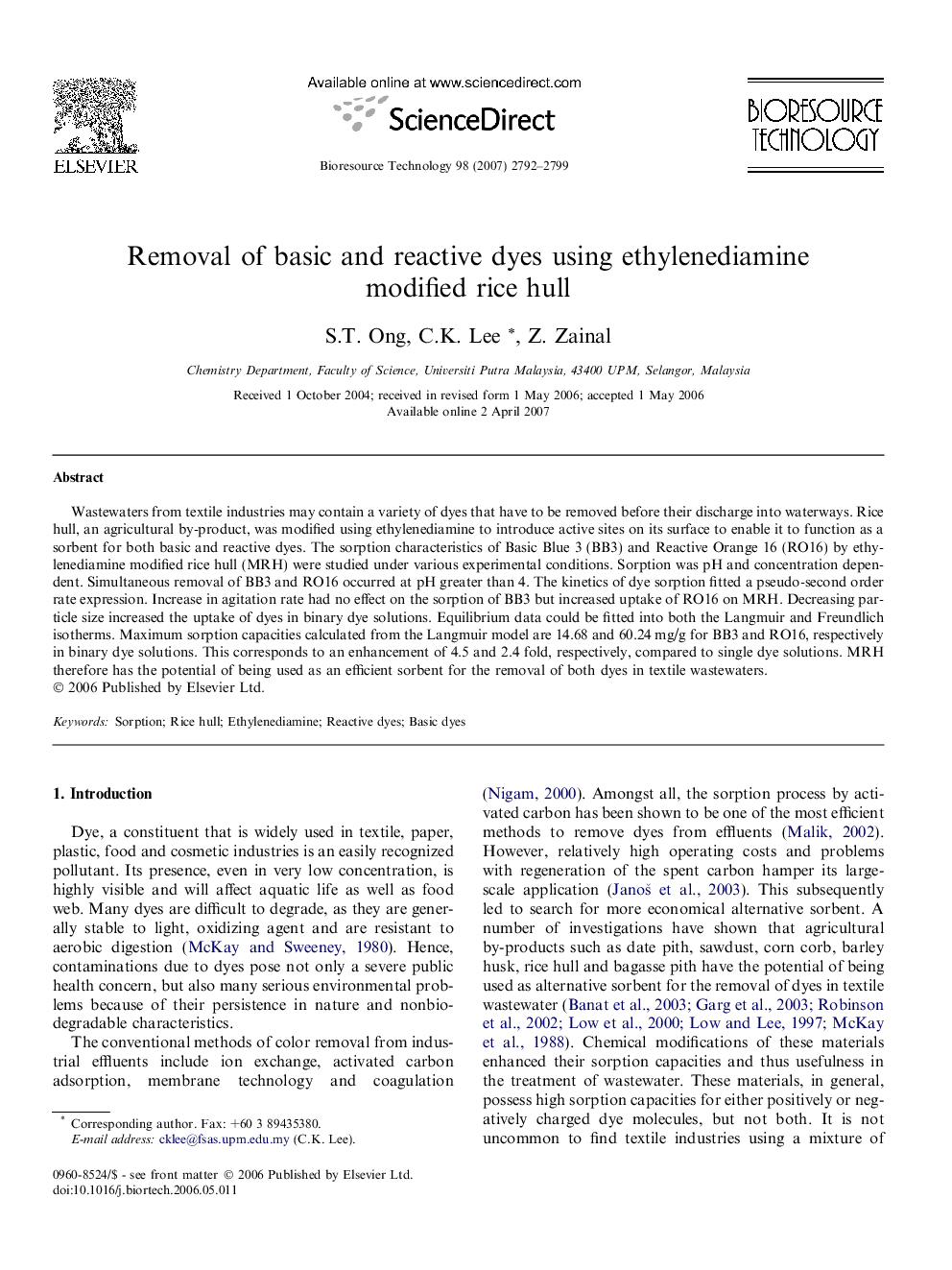 Removal of basic and reactive dyes using ethylenediamine modified rice hull