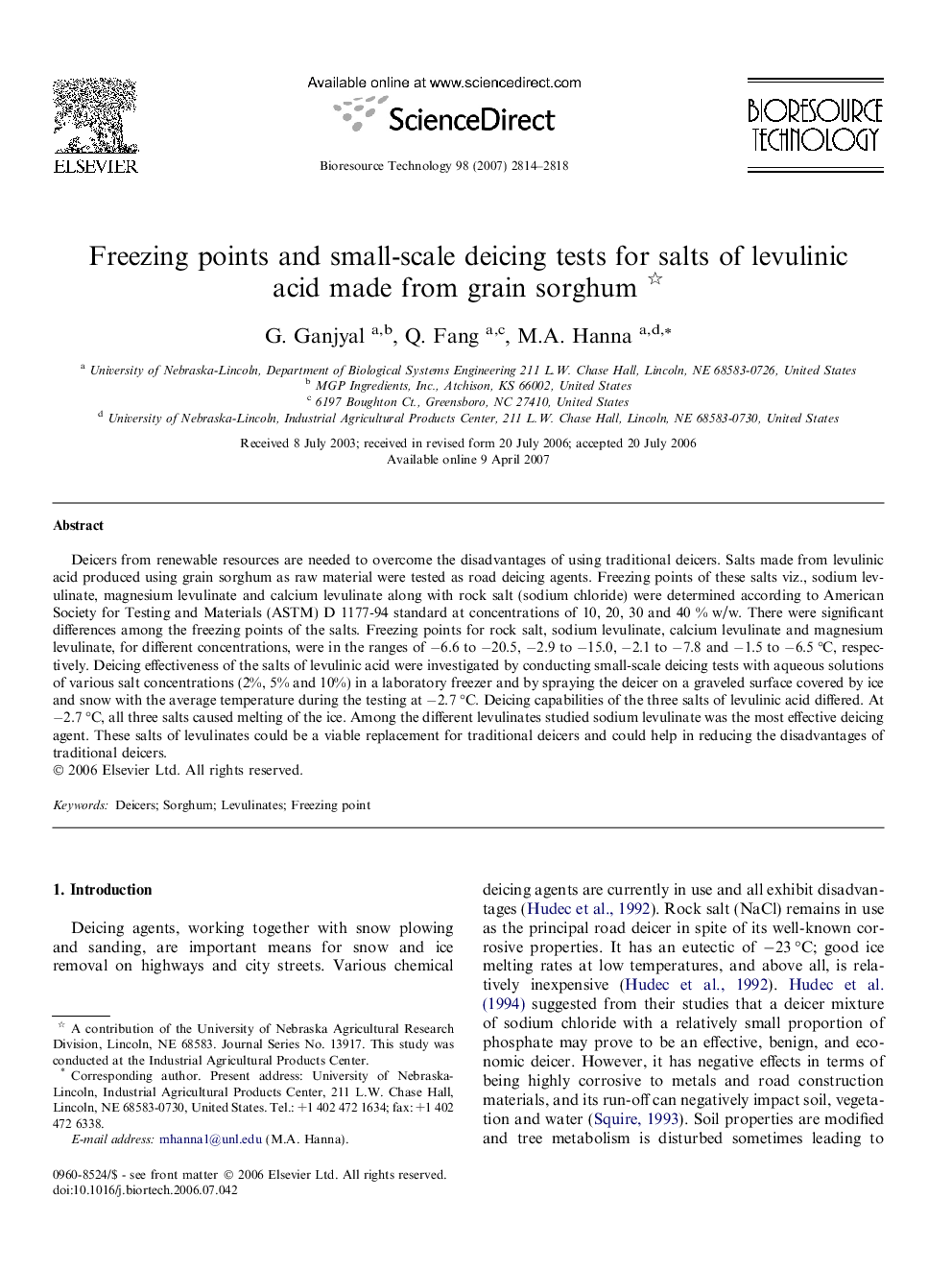 Freezing points and small-scale deicing tests for salts of levulinic acid made from grain sorghum 