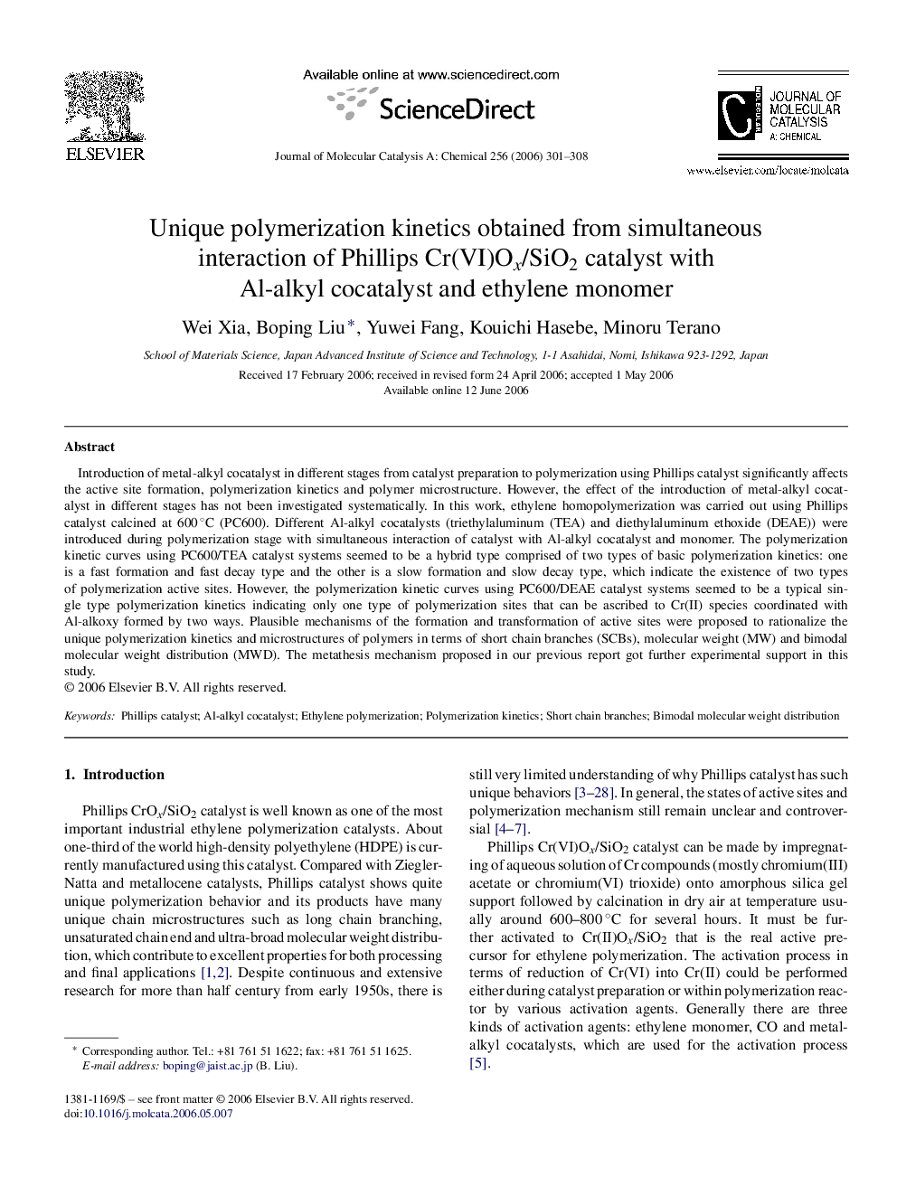 Unique polymerization kinetics obtained from simultaneous interaction of Phillips Cr(VI)Ox/SiO2 catalyst with Al-alkyl cocatalyst and ethylene monomer