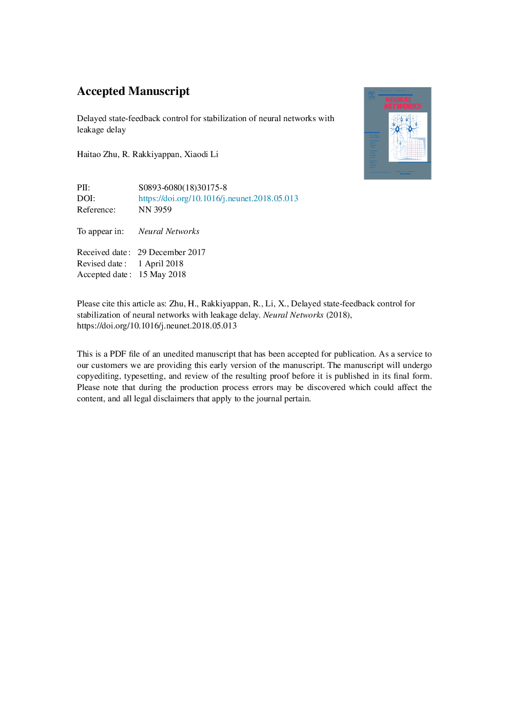 Delayed state-feedback control for stabilization of neural networks with leakage delay