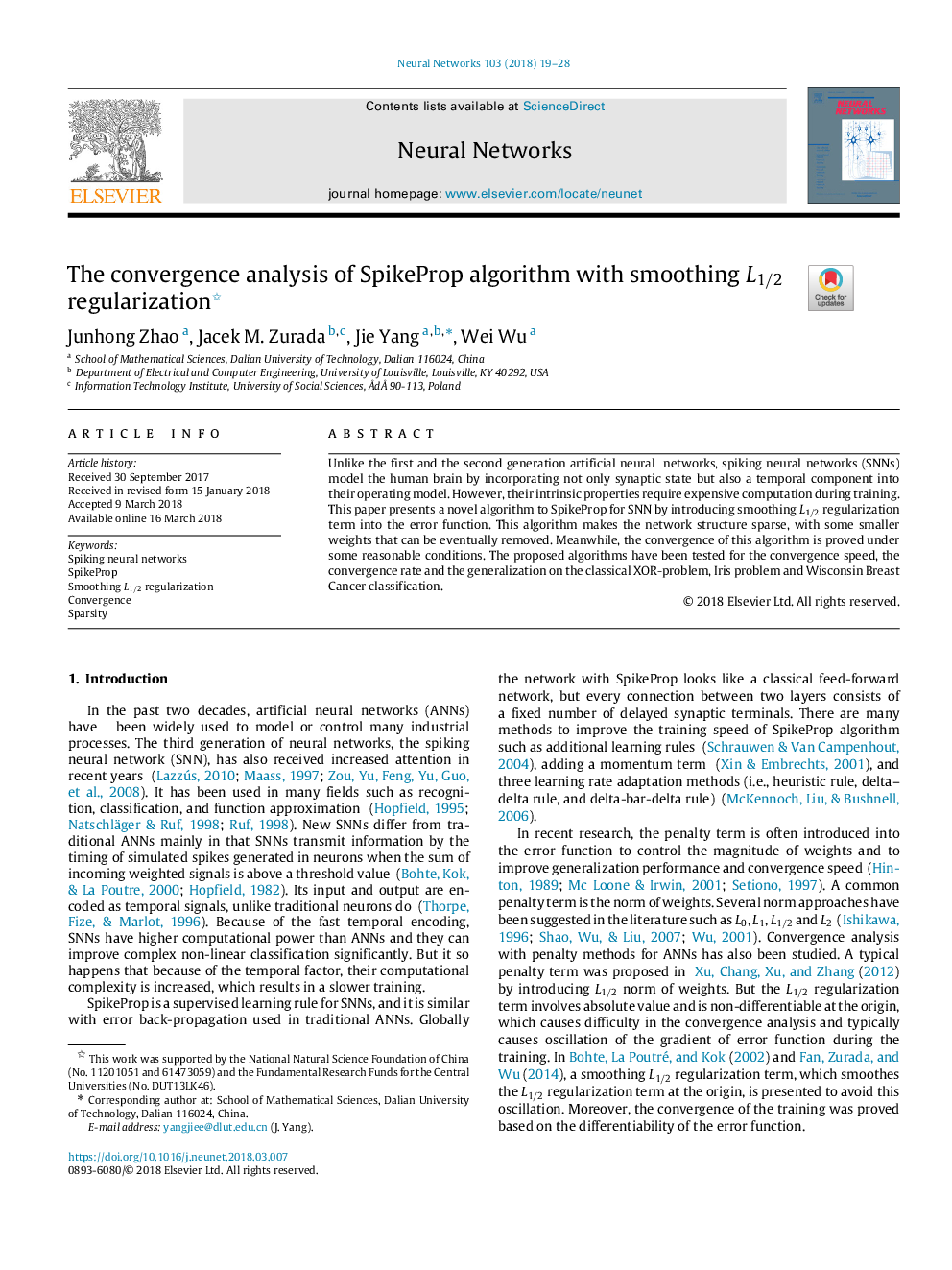 The convergence analysis of SpikeProp algorithm with smoothing L1â2 regularization