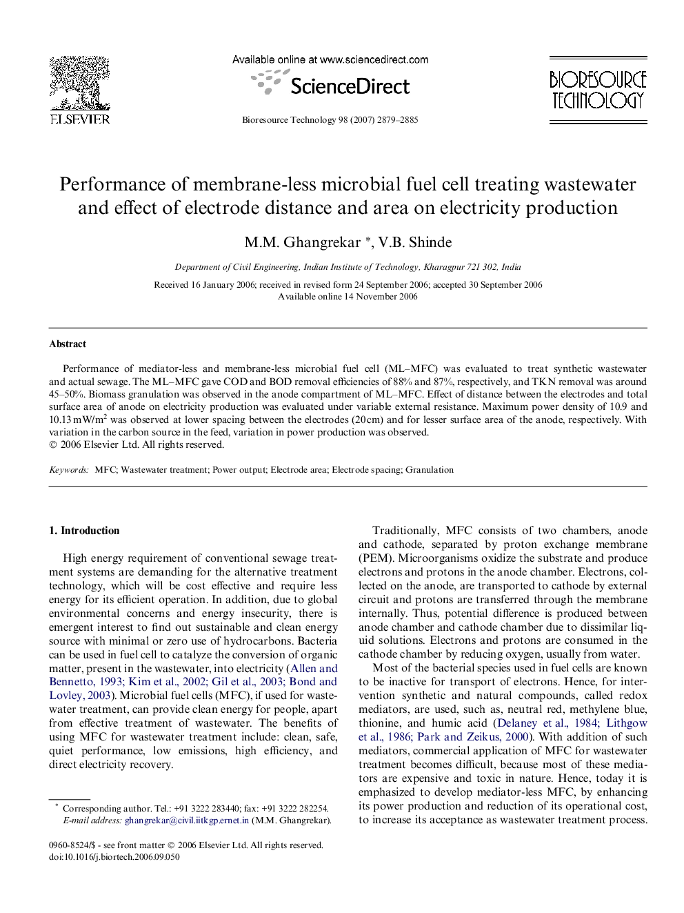 Performance of membrane-less microbial fuel cell treating wastewater and effect of electrode distance and area on electricity production