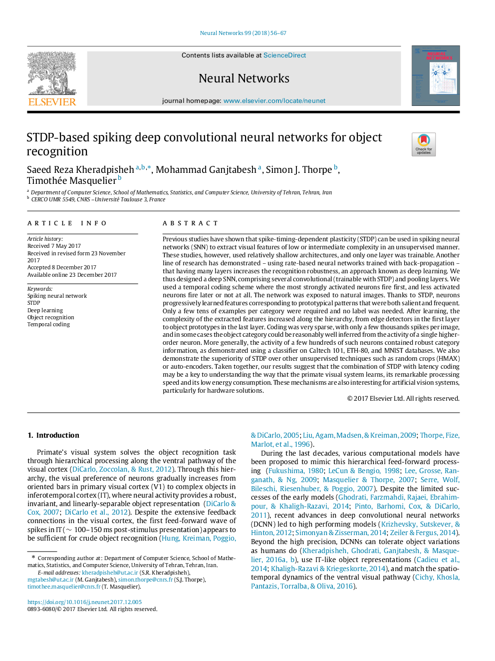 STDP-based spiking deep convolutional neural networks for object recognition