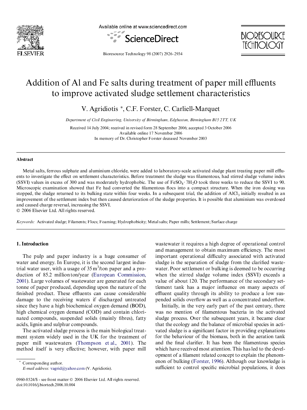 Addition of Al and Fe salts during treatment of paper mill effluents to improve activated sludge settlement characteristics