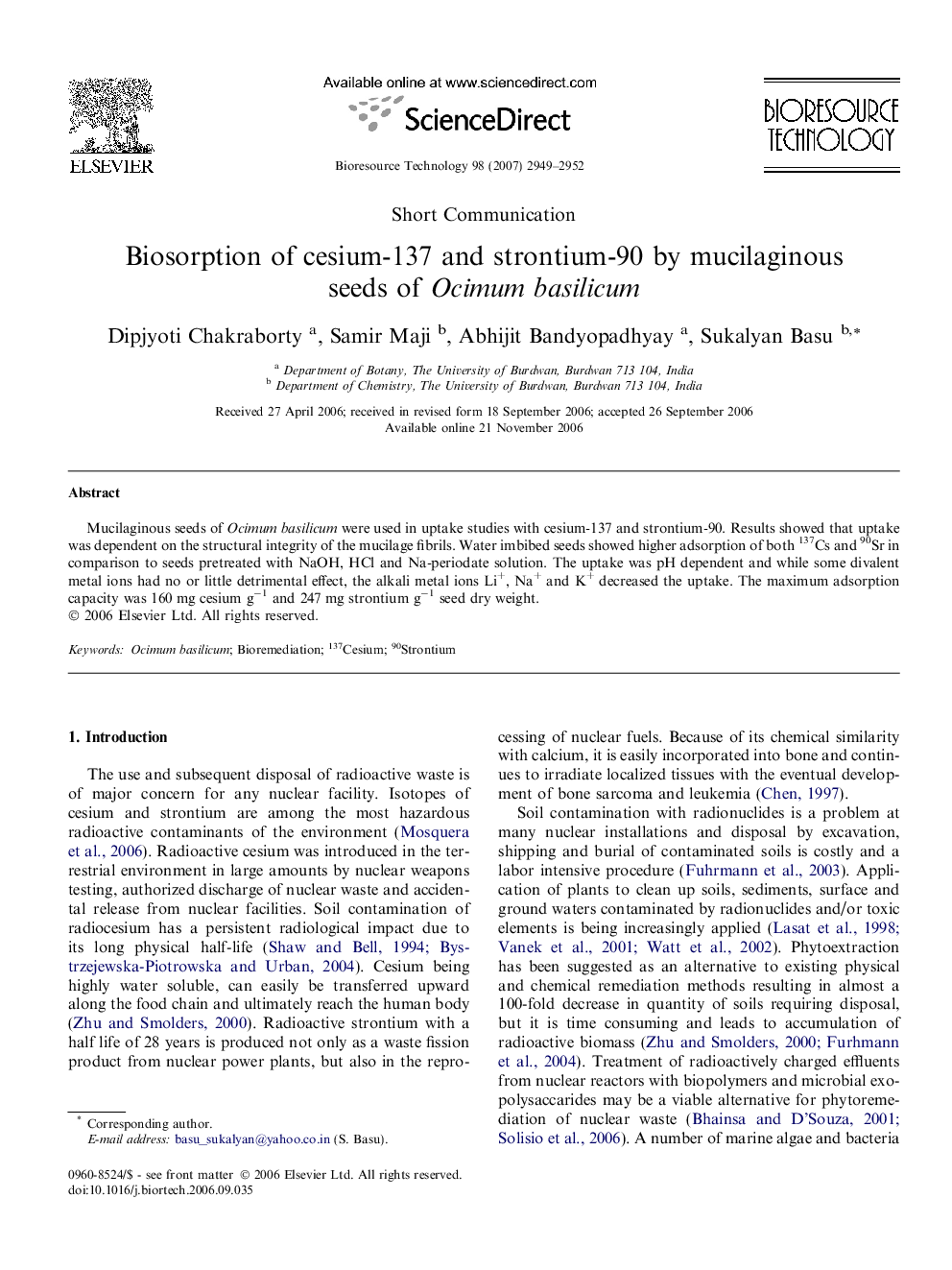 Biosorption of cesium-137 and strontium-90 by mucilaginous seeds of Ocimum basilicum