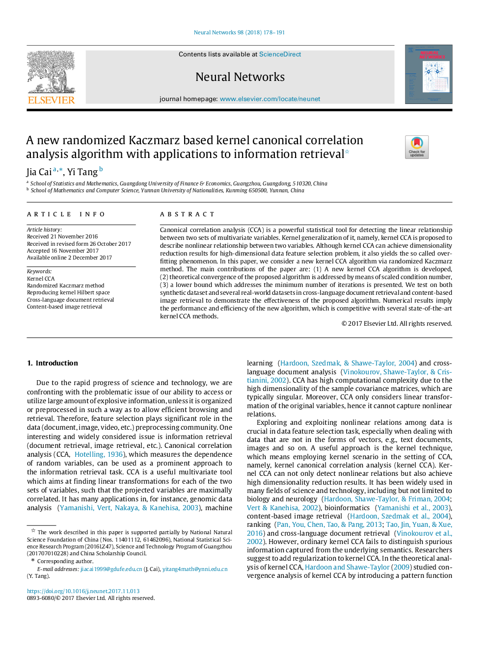 A new randomized Kaczmarz based kernel canonical correlation analysis algorithm with applications to information retrieval