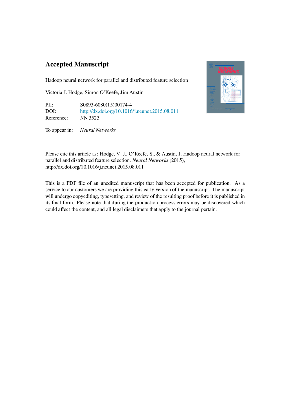 عکس صفحه اول مقاله: Hadoop neural network for parallel and distributed feature selection Hadoop neural network for parallel and distributed feature selection