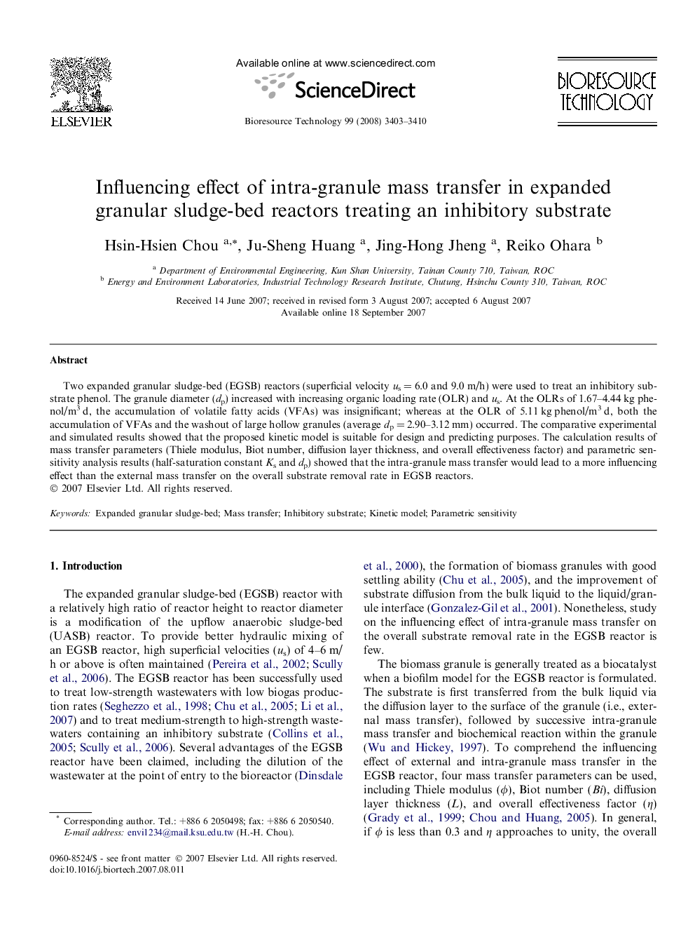 Influencing effect of intra-granule mass transfer in expanded granular sludge-bed reactors treating an inhibitory substrate