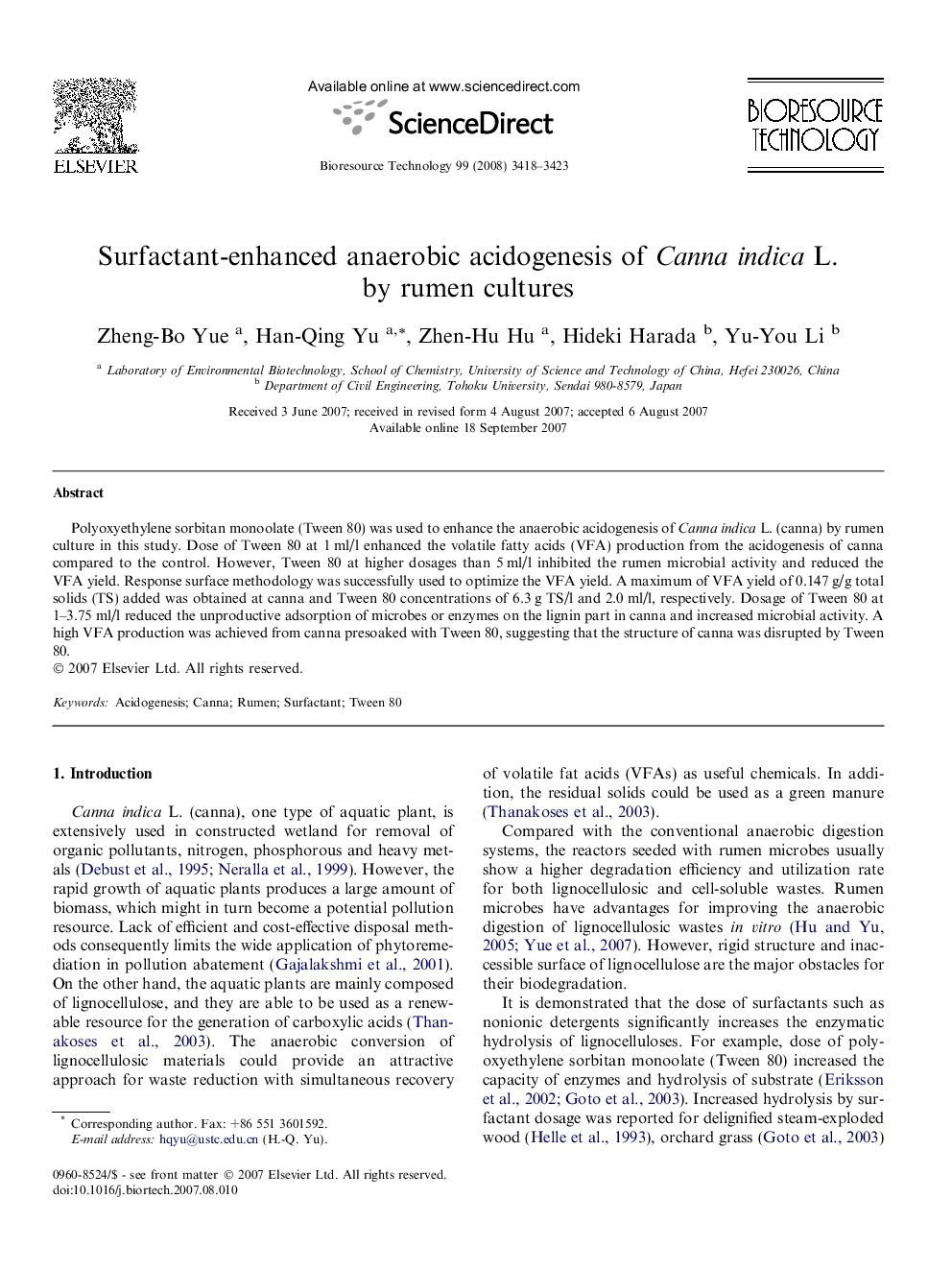 Surfactant-enhanced anaerobic acidogenesis of Canna indica L. by rumen cultures