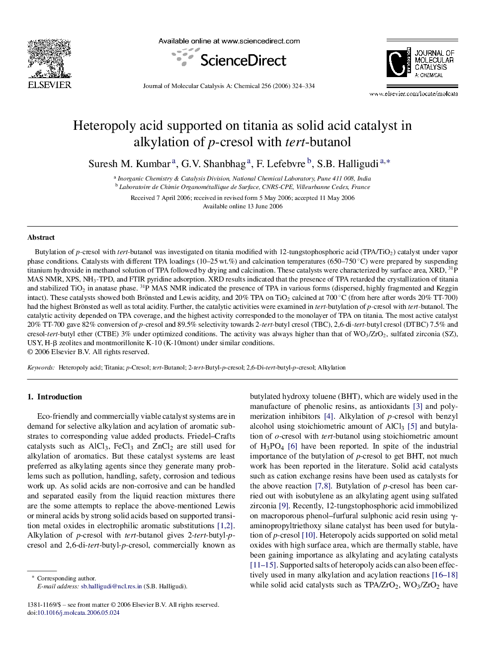 Heteropoly acid supported on titania as solid acid catalyst in alkylation of p-cresol with tert-butanol