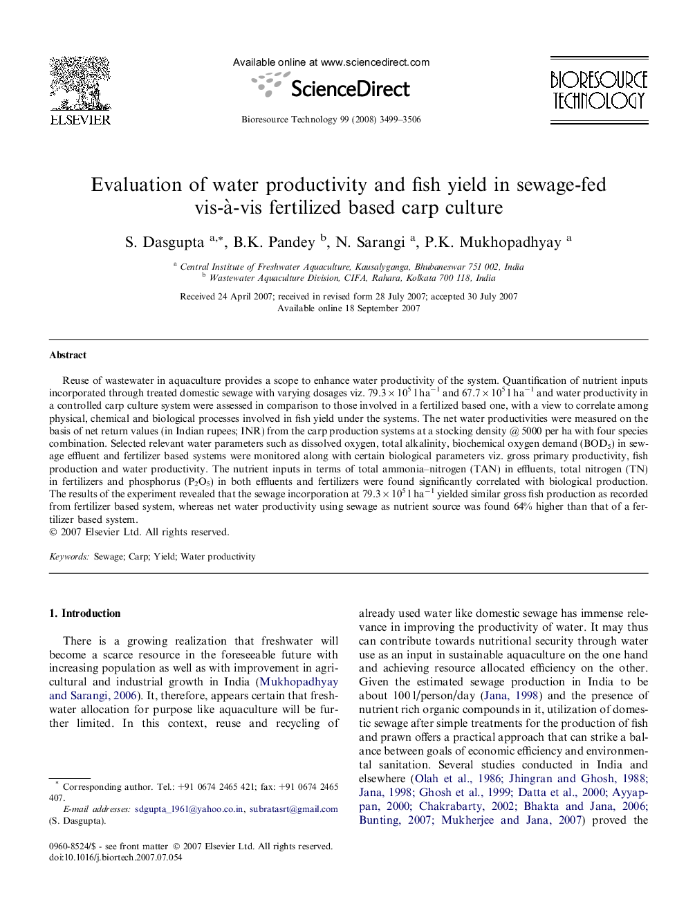 عکس صفحه اول مقاله: Evaluation of water productivity and fish yield in sewage-fed vis-à-vis fertilized based carp culture Evaluation of water productivity and fish yield in sewage-fed vis-à-vis fertilized based carp culture