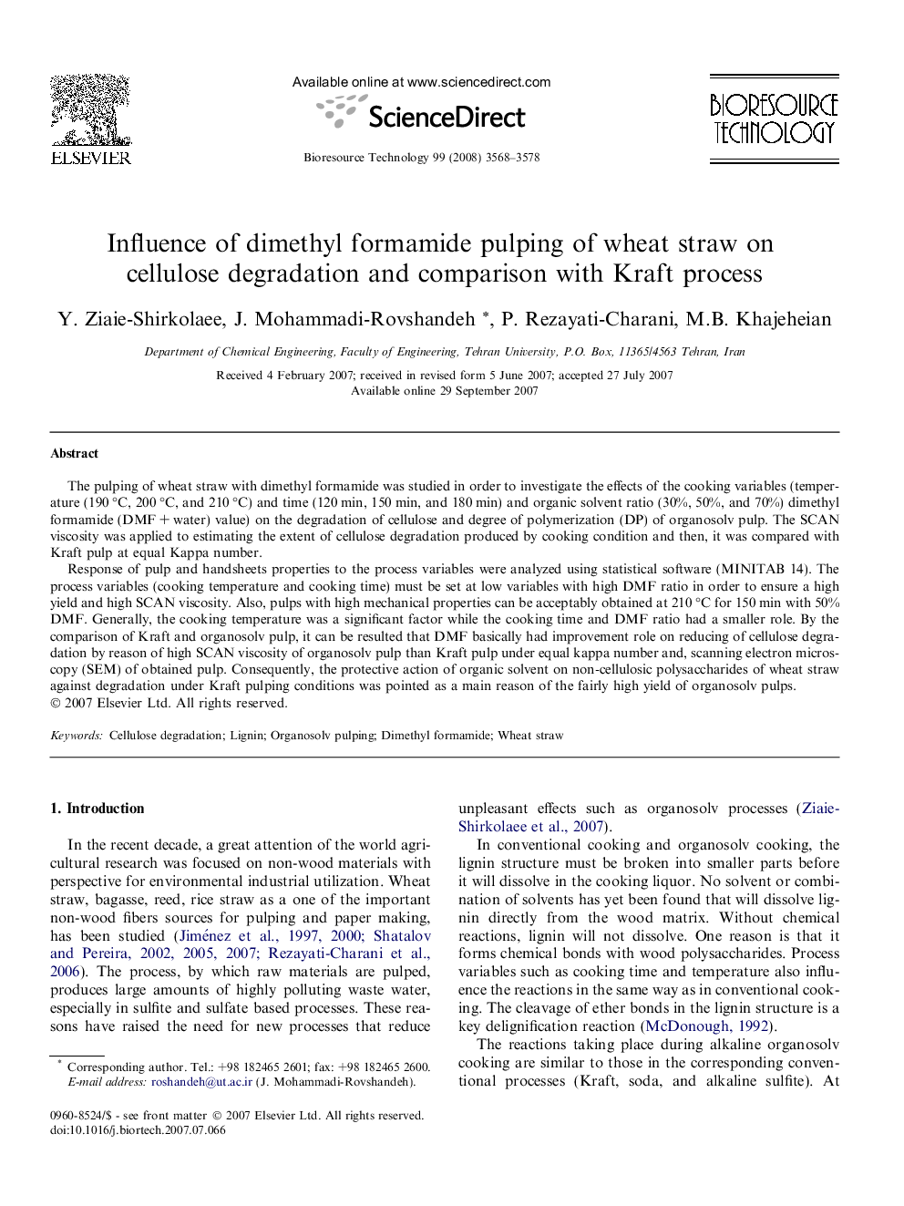 Influence of dimethyl formamide pulping of wheat straw on cellulose degradation and comparison with Kraft process