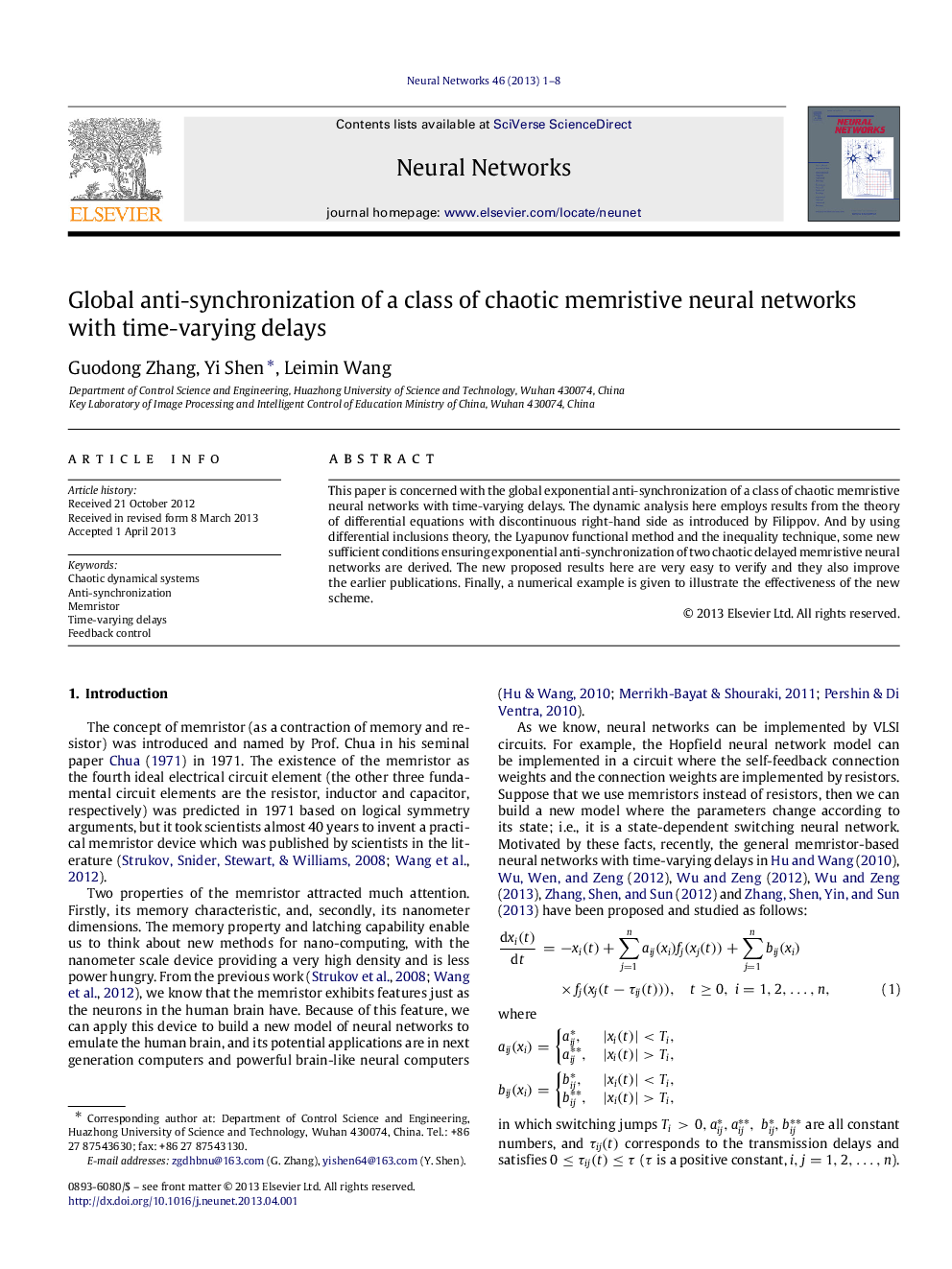 Global anti-synchronization of a class of chaotic memristive neural networks with time-varying delays